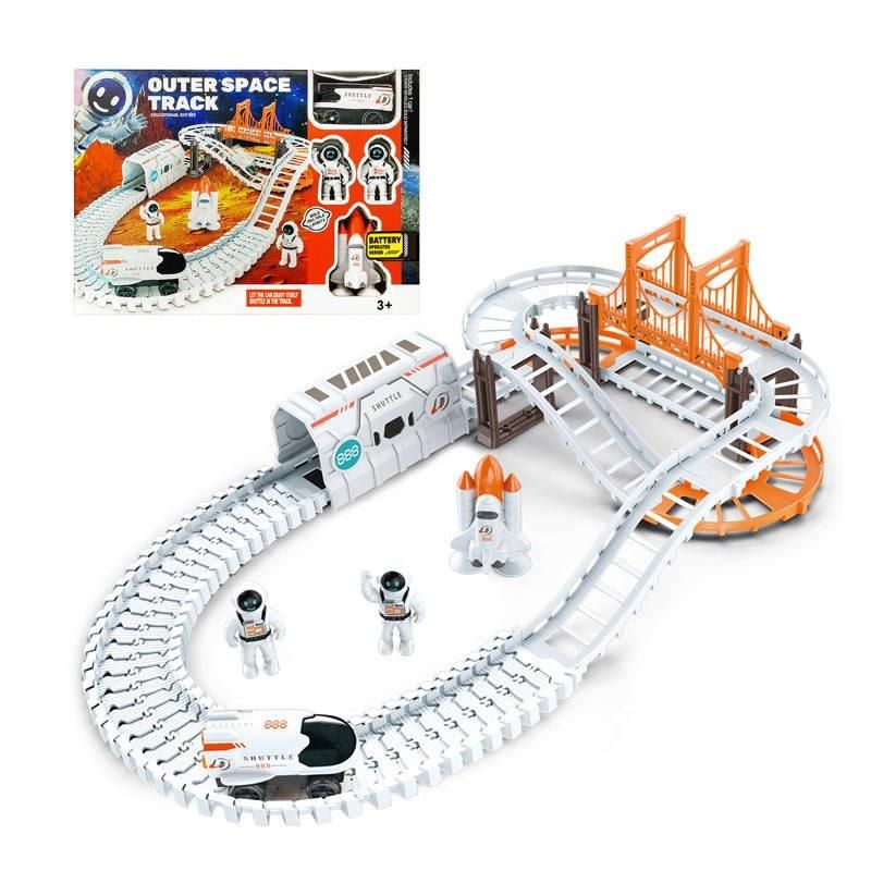 DIY Outer Space Track Set, Race Car Building Set with Bridge and Astronauts, Educational Toy for Ages 3+